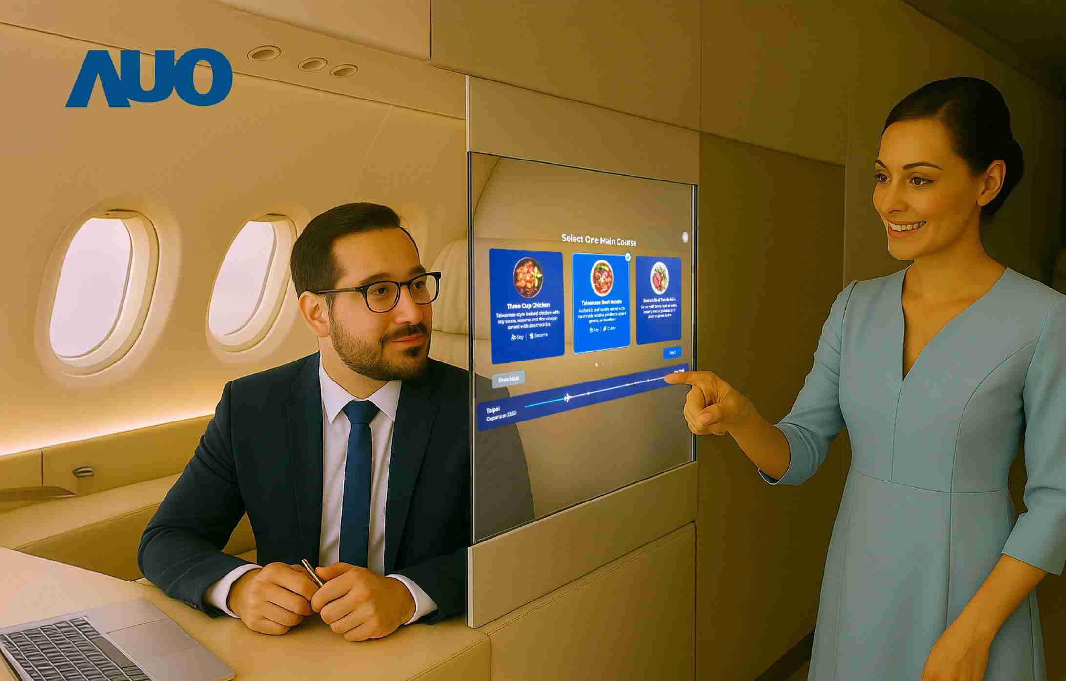 JDB电子研发全球最薄17.3 吋双面透明 Micro LED 显示器，，，可在同一屏幕之双边投射不同信息，，，，创造独特的”透明化”互动；图为实时翻译交流应用情境